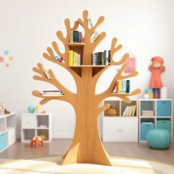 Wooden bookshelf, Natural wood, Children's bookshelf, Decorative library, Farm bookshelf, Preschool bookshelf - Solid Wood Tree-Inspired Decorative Bookshelf for Home & Office
